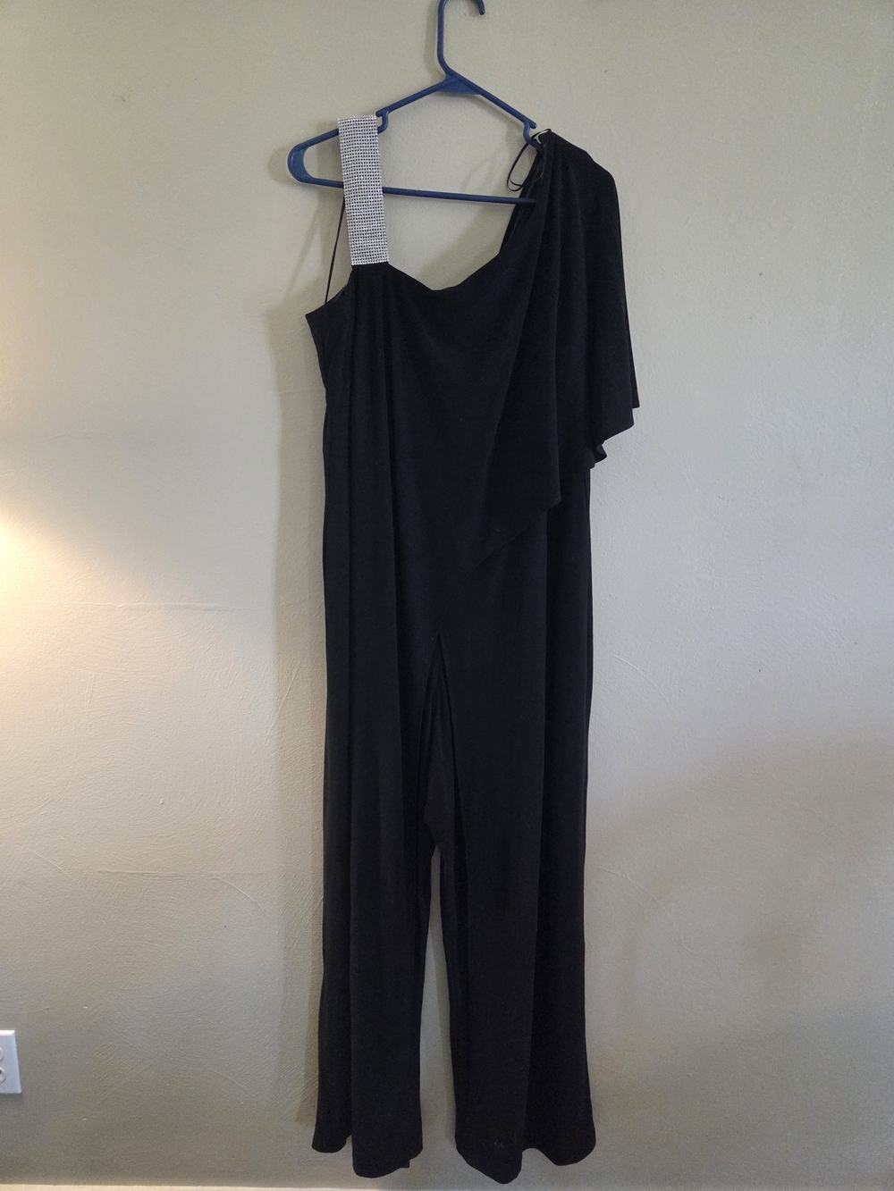 Roz & Ali Black One-Shoulder Jumpsuit with Rhinestone Strap